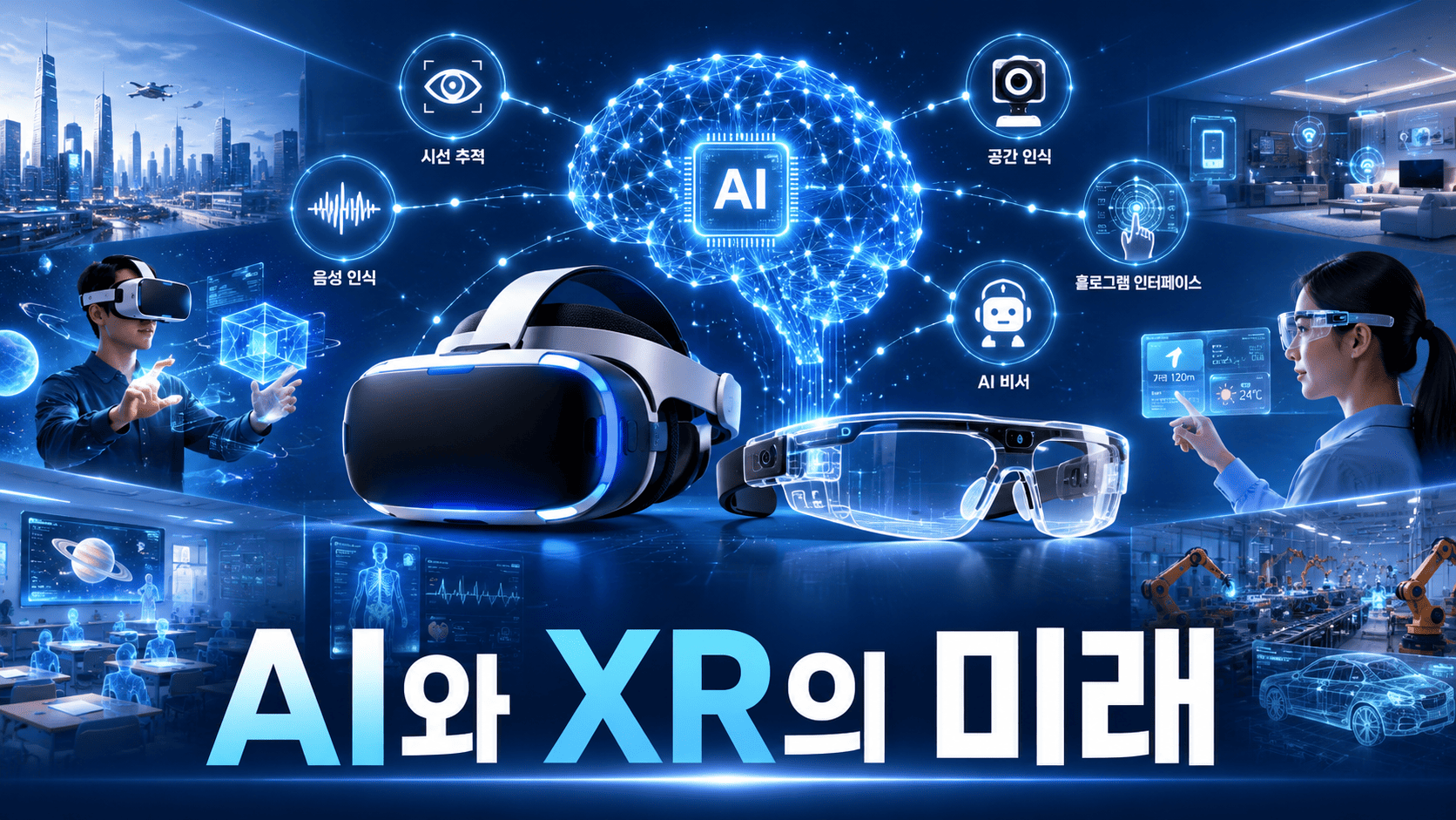 인공지능과 가상현실, 증강현실 기술의 융합을 상징하는 미래형 공간 컴퓨팅 이미지.