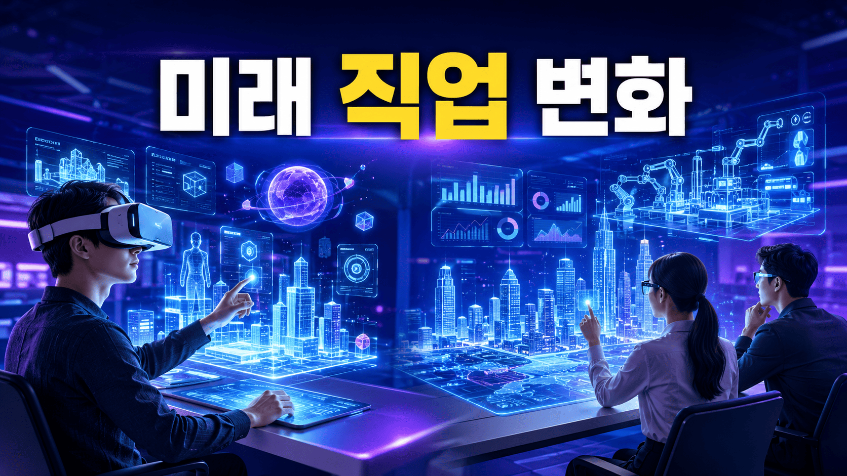 미래형 디지털 공간에서 가상현실과 증강현실 기술을 활용하는 다양한 직업과 첨단 업무 환경을 표현한 이미지