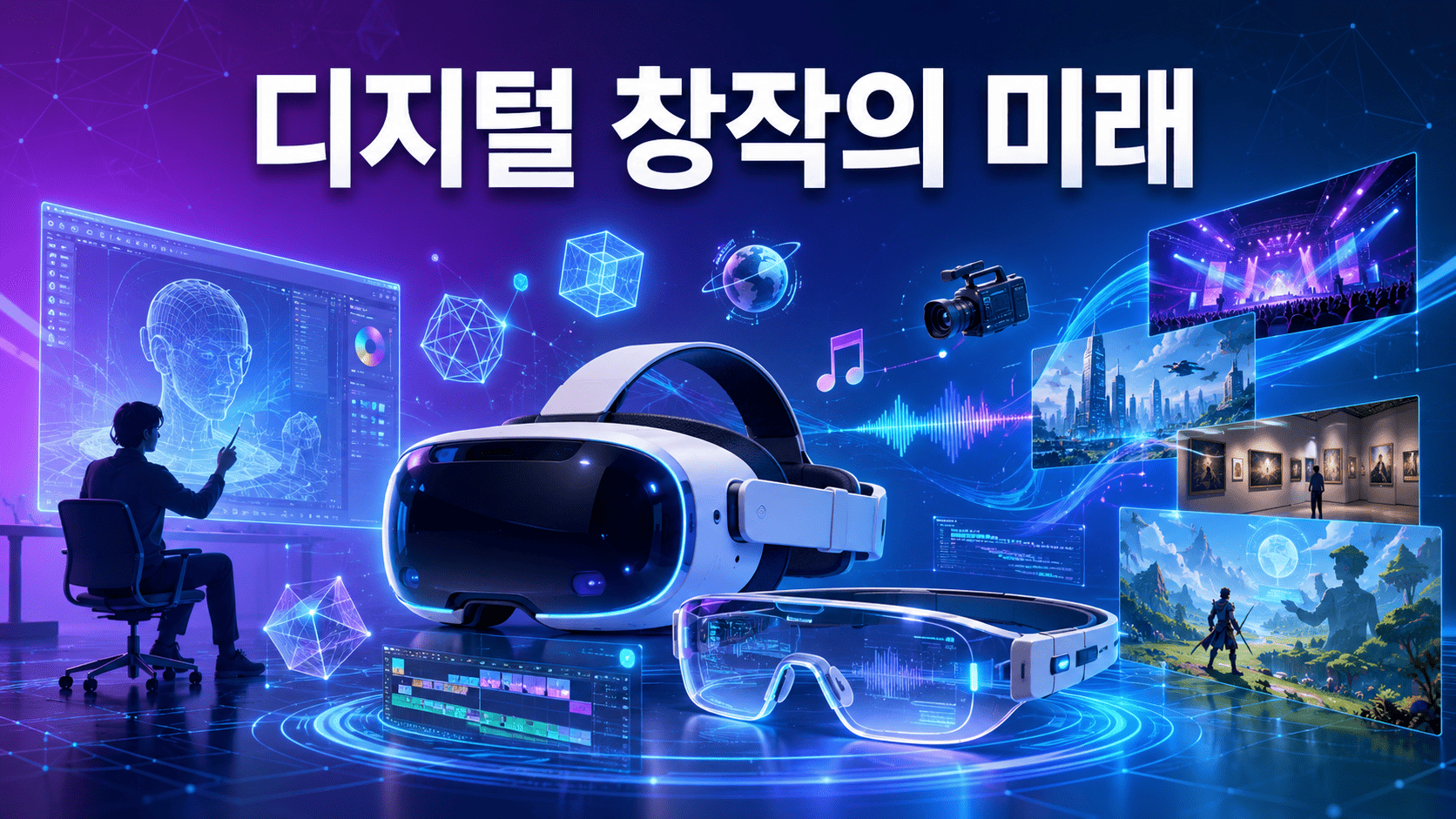 VR 헤드셋과 AR 스마트 글라스를 중심으로 미래형 디지털 창작 환경과 다양한 콘텐츠 제작 요소가 표현된 이미지.
