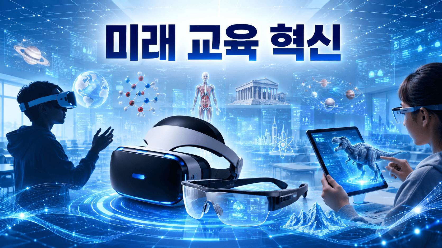 VR 헤드셋과 AR 스마트 글라스를 중심으로 미래형 교육 콘텐츠가 홀로그램 형태로 펼쳐진 모습.