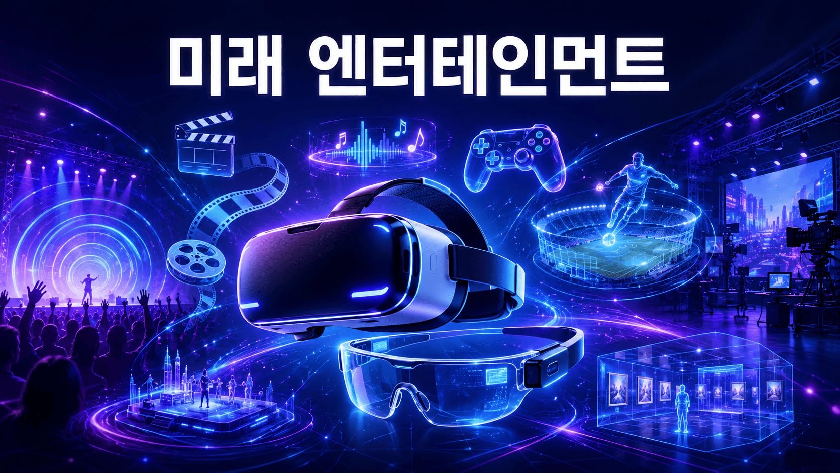 차세대 VR 헤드셋과 AR 스마트 글라스를 중심으로 영화, 게임, 공연, 스포츠를 상징하는 홀로그램 요소가 펼쳐진 미래 엔터테인먼트 산업 이미지.
