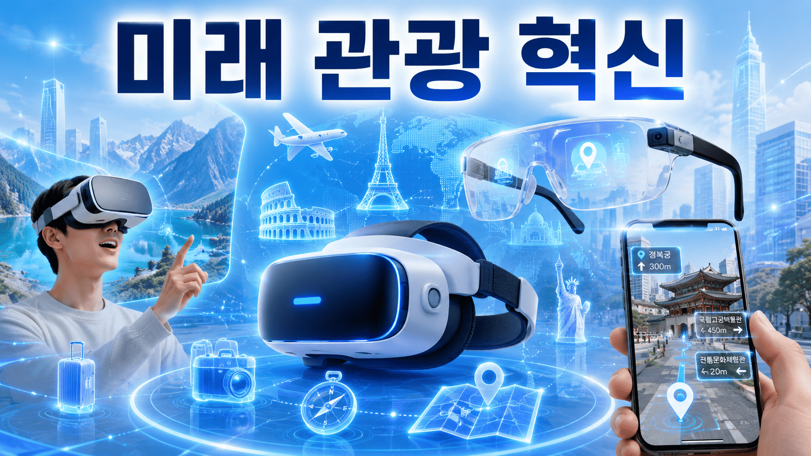 VR 헤드셋과 AR 스마트 글라스를 중심으로 미래형 관광 서비스와 디지털 여행 경험을 표현한 이미지.