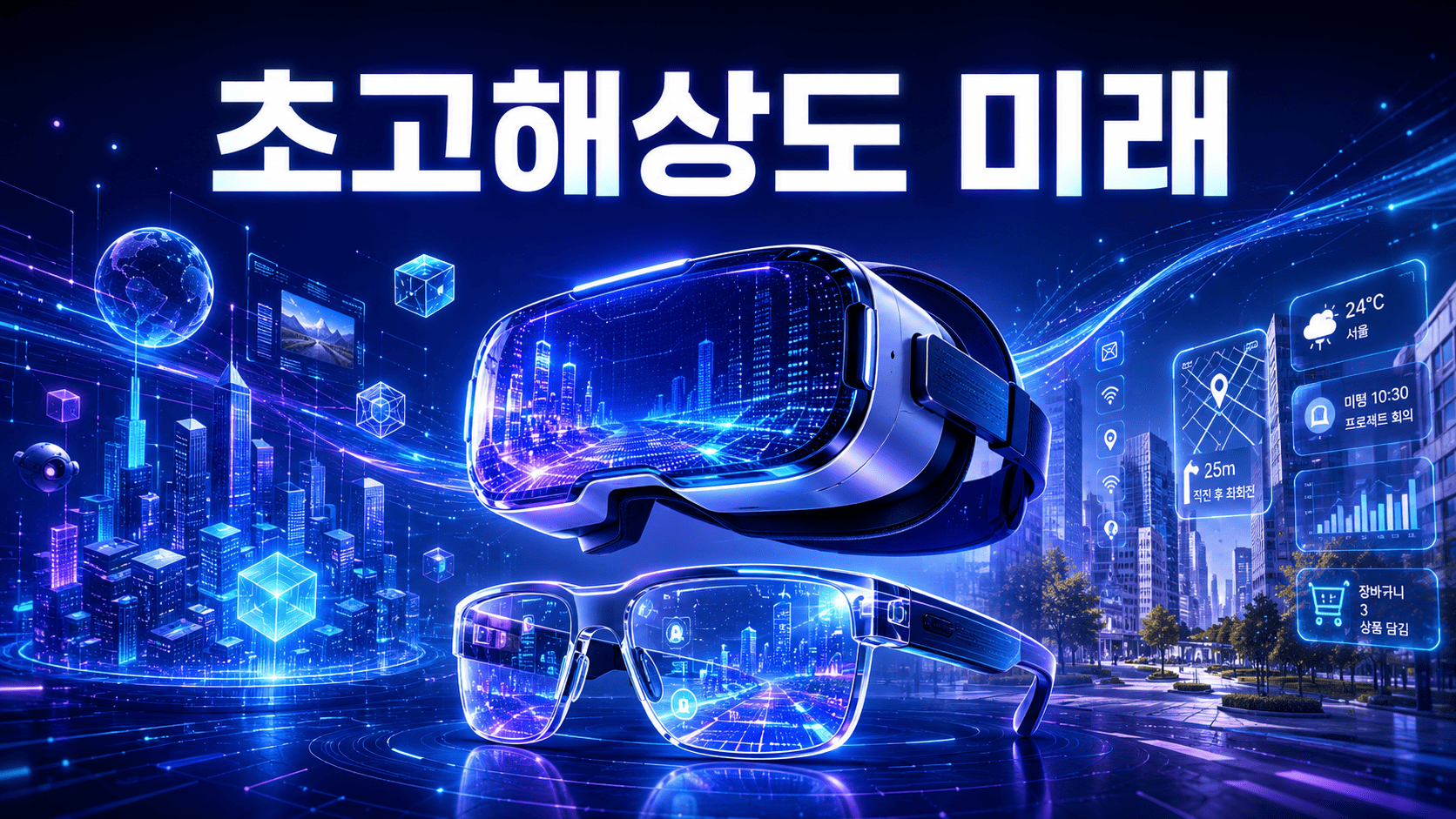 초고해상도 디스플레이를 적용한 VR 헤드셋과 스마트 글라스가 미래형 디지털 공간에서 가상현실과 증강현실을 구현하는 모습을 표현한 이미지.