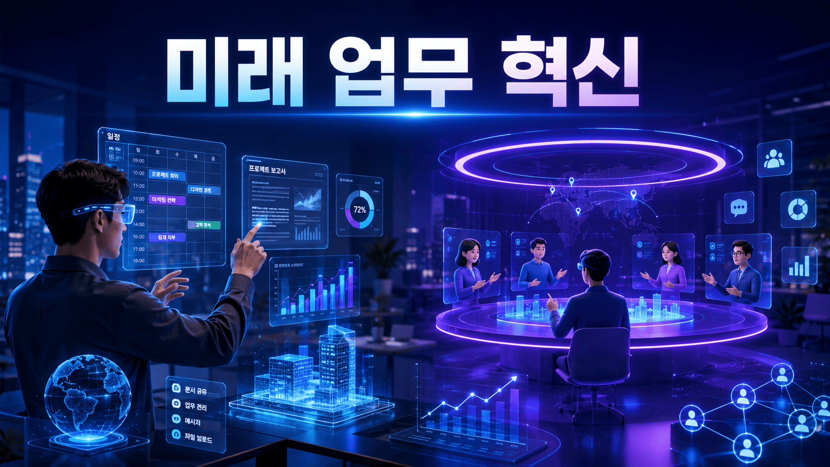 스마트 글라스와 가상 회의 공간을 활용하는 미래형 업무 환경을 표현한 이미지.