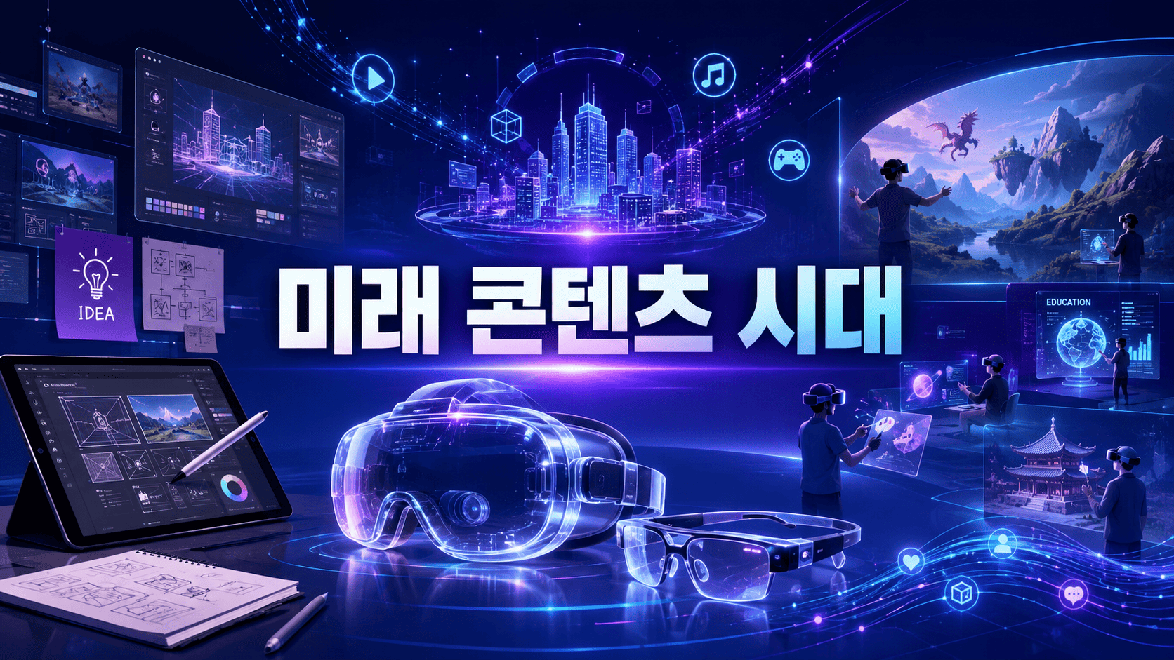 VR 헤드셋과 스마트 글라스를 중심으로 미래형 디지털 콘텐츠 제작 환경과 다양한 가상 콘텐츠가 표현된 이미지.