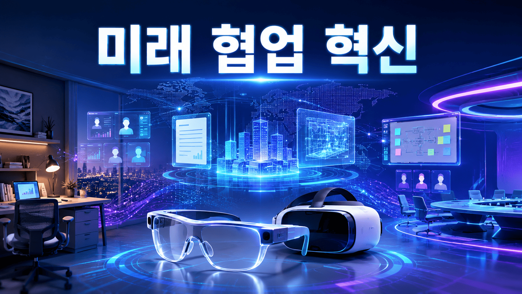가상현실과 증강현실 기술을 활용한 미래형 원격 협업 환경과 디지털 회의 공간을 표현한 이미지