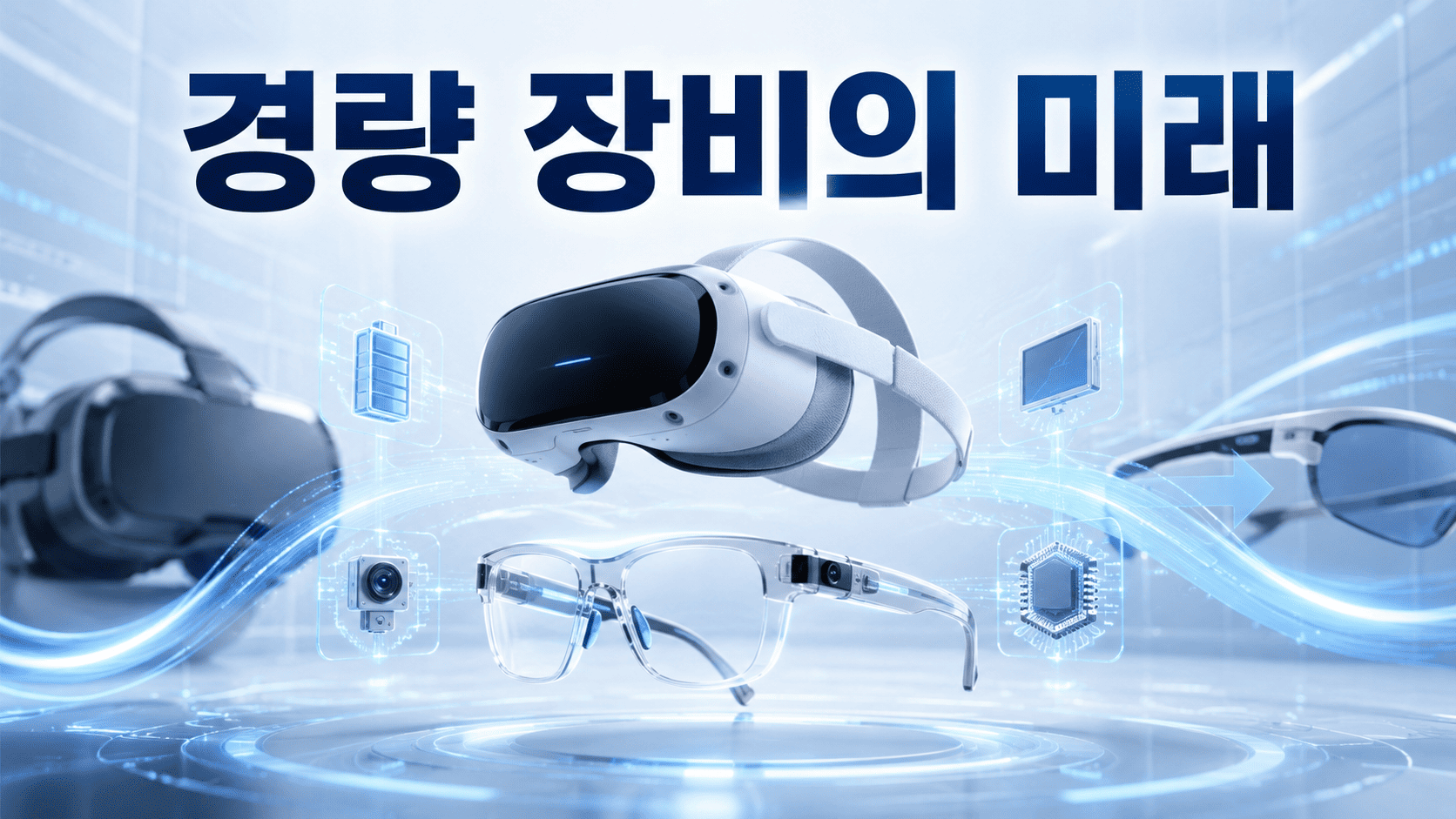 초경량 VR 헤드셋과 투명한 AR 스마트 글라스를 중심으로 미래 XR 장비의 경량화 방향을 표현한 이미지