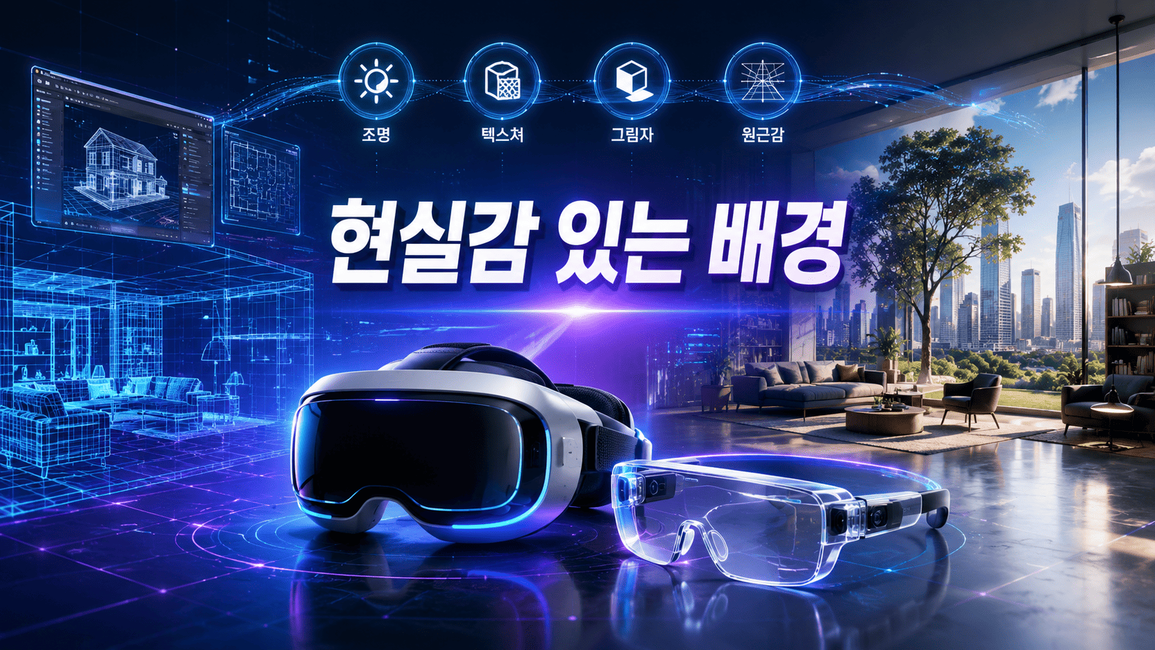 VR 헤드셋과 AR 스마트 글라스를 중심으로 현실적인 3차원 공간과 조명 효과가 표현된 미래형 배경 이미지.