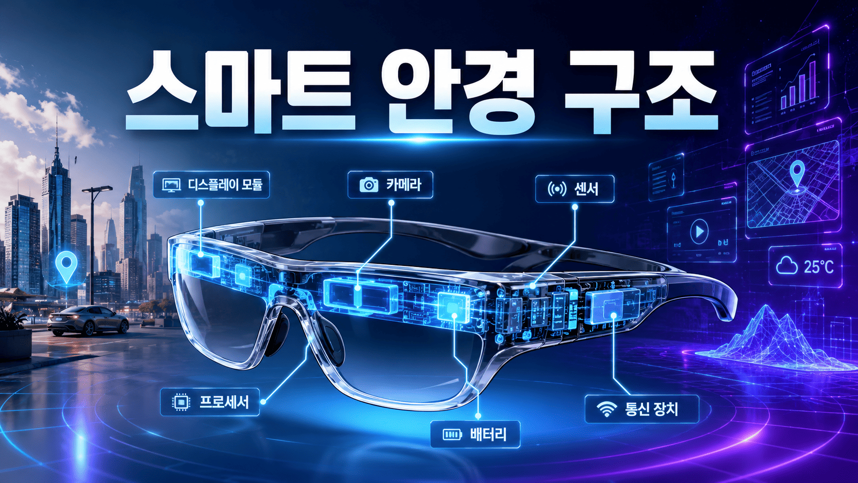 투명한 스마트 안경 내부에 디스플레이와 센서, 프로세서 등의 구조가 홀로그램 형태로 표시된 미래 기술 이미지.