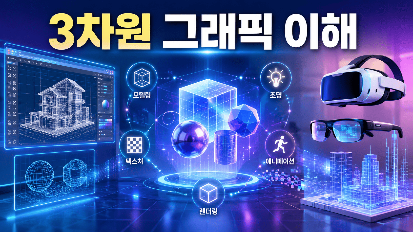 가상현실과 증강현실 콘텐츠 제작에 사용되는 3차원 그래픽 요소와 입체 오브젝트를 표현한 미래형 이미지.