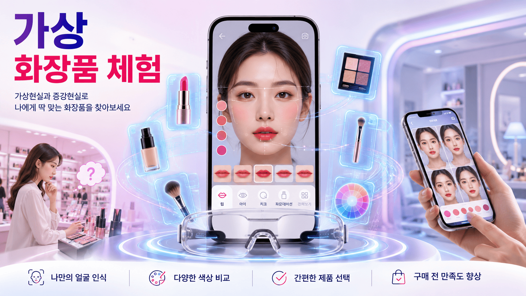 증강현실 기술을 이용해 스마트폰 화면에서 다양한 화장품 색상을 가상으로 체험하는 미래형 뷰티 환경을 표현한 이미지.