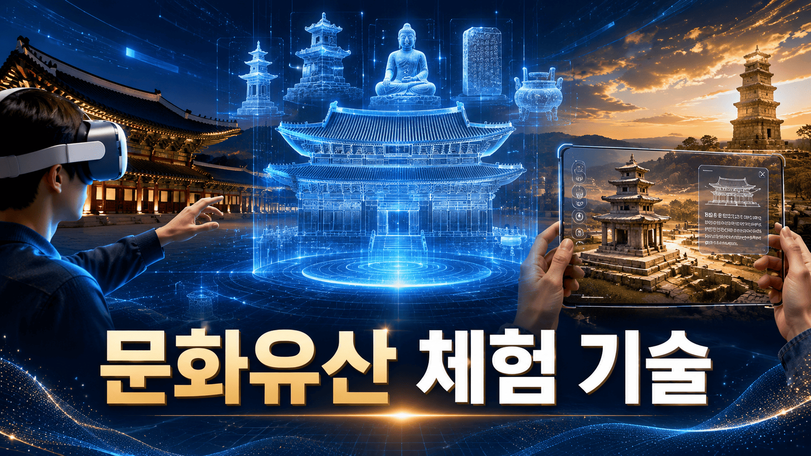 가상현실과 증강현실 기술을 활용해 역사 유적과 문화재를 체험하는 미래형 디지털 문화유산 공간을 표현한 이미지.