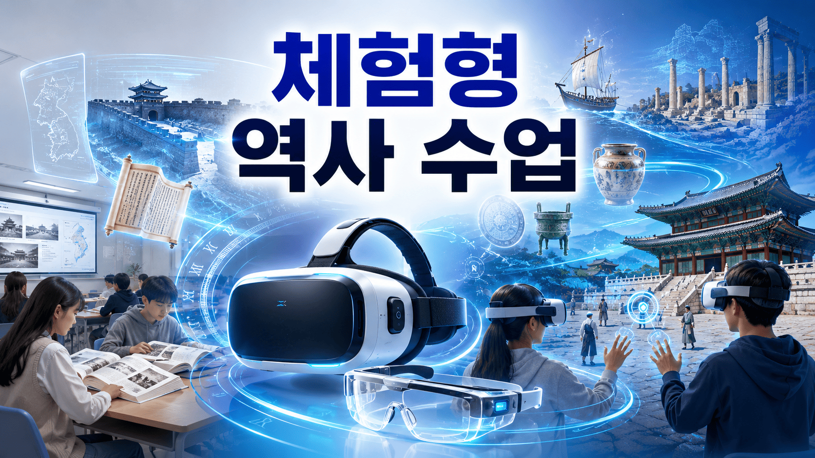 VR 헤드셋과 AR 스마트 글라스를 활용해 다양한 관광지를 미리 체험하는 미래형 여행 기술 이미지를 표현한 모습.