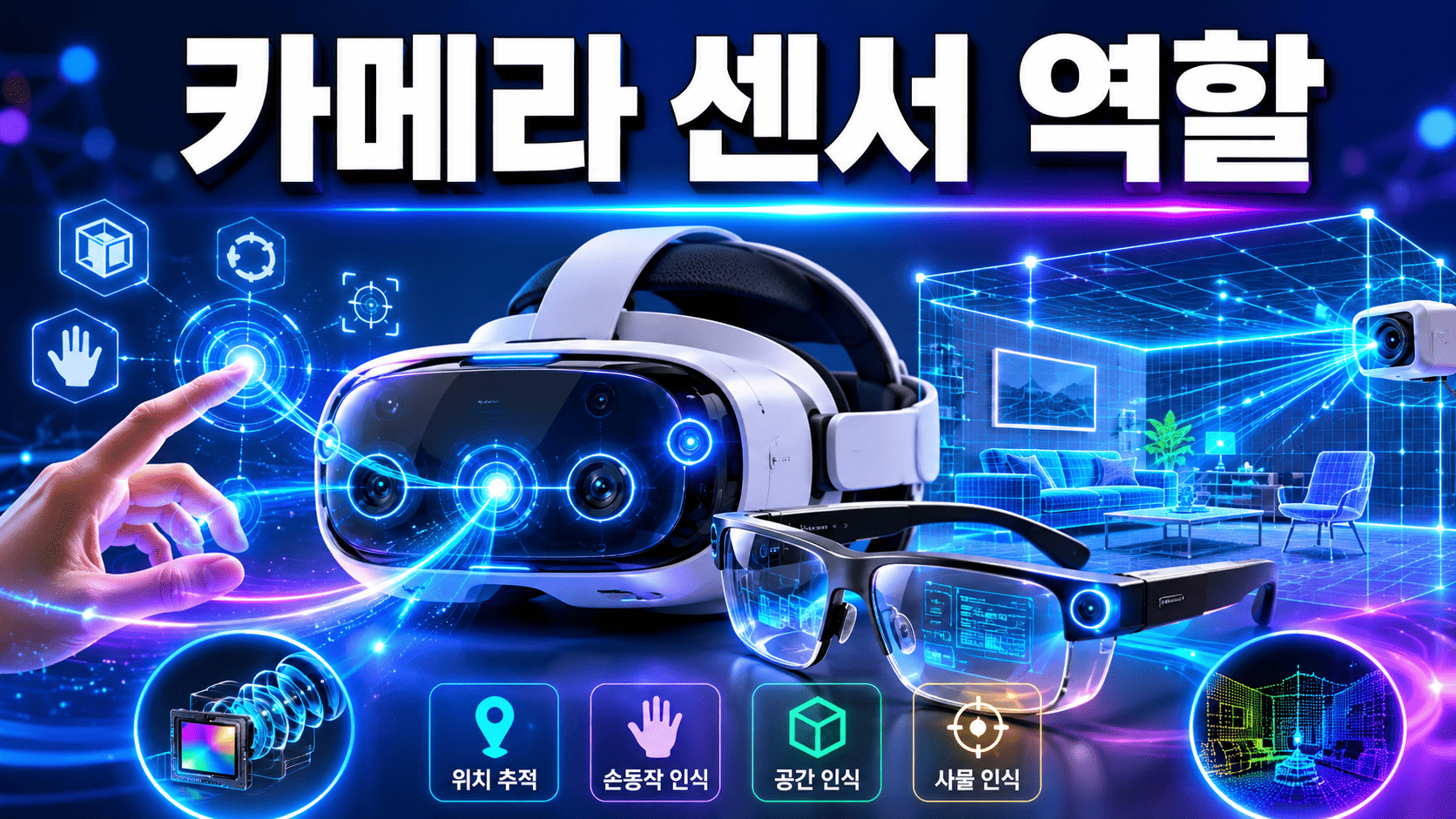 VR 헤드셋과 AR 스마트 글라스 주변에서 카메라 센서가 공간을 인식하고 위치를 추적하는 모습을 표현한 미래 기술 이미지.