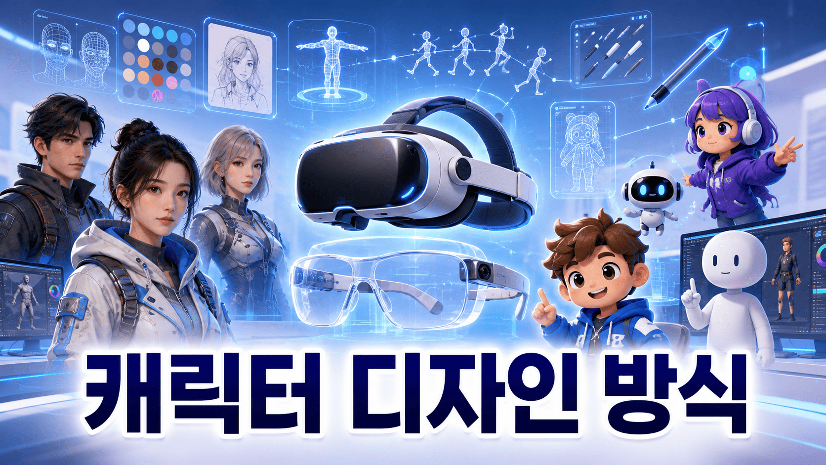 VR·AR 콘텐츠 제작 환경에서 다양한 캐릭터 디자인 방식과 3D 모델링 요소가 표현된 미래형 일러스트 이미지.