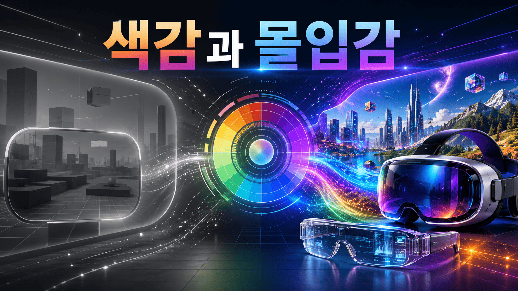 색감의 차이에 따라 가상현실과 증강현실 공간의 몰입감이 달라지는 모습을 비교한 미래형 XR 콘텐츠 이미지.