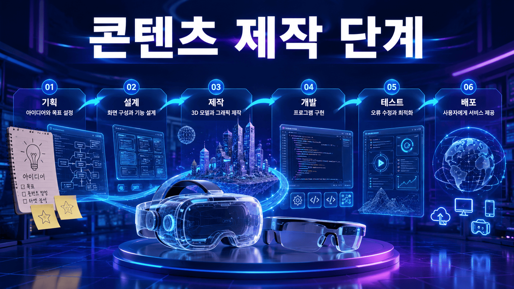 가상현실과 증강현실 콘텐츠 제작 과정이 기획부터 개발과 테스트 단계까지 홀로그램 형태로 연결된 미래형 디지털 작업 환경 이미지.