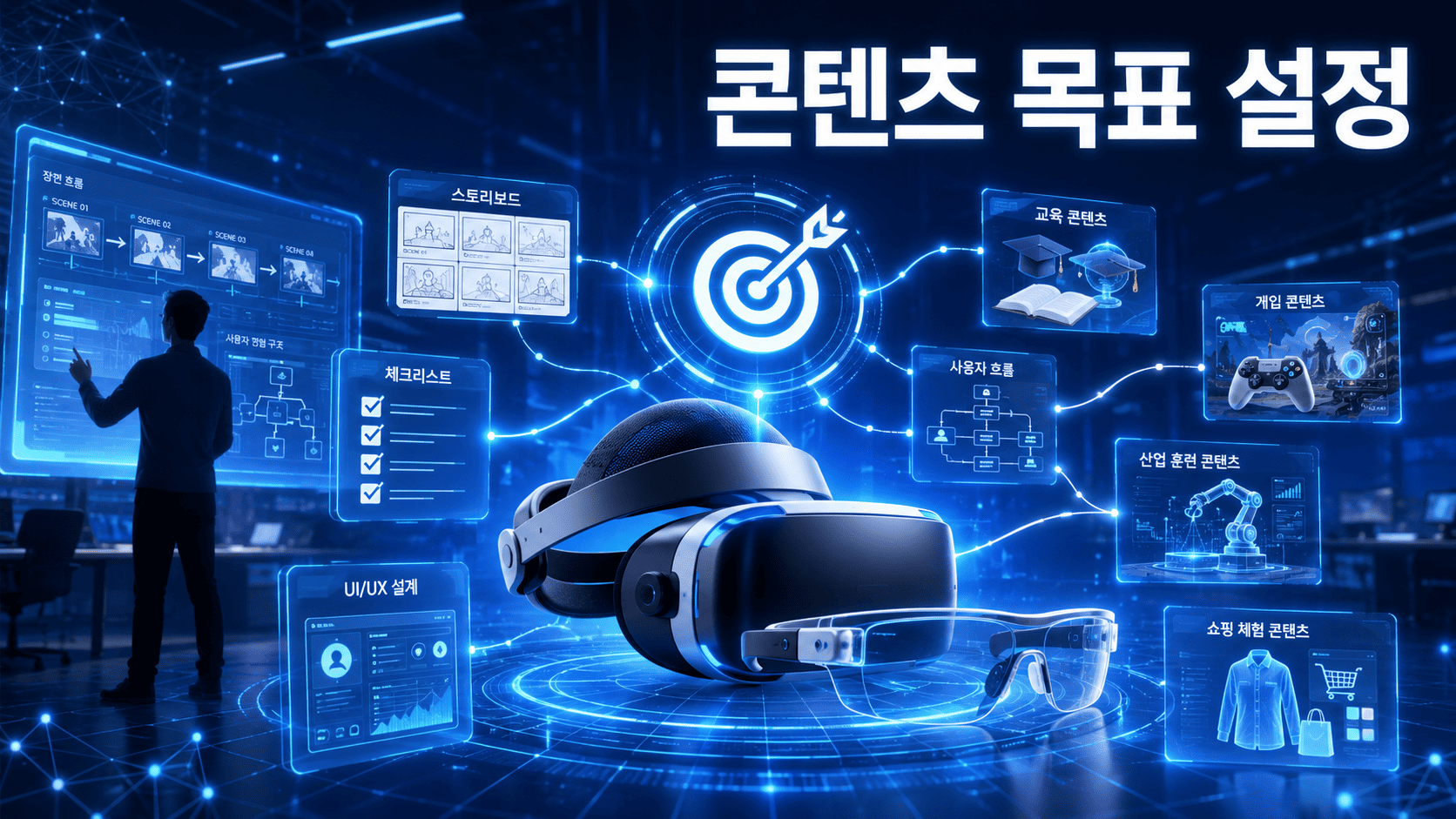 VR 헤드셋과 AR 스마트 글라스를 중심으로 콘텐츠 기획 요소와 목표 설정 개념을 표현한 미래형 XR 콘텐츠 제작 이미지.