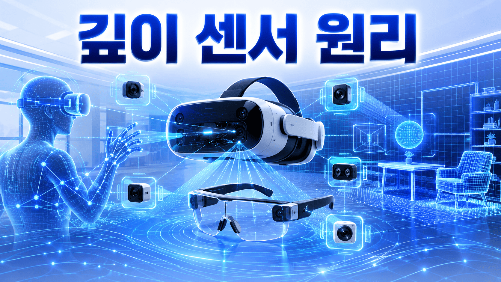 차세대 VR 헤드셋과 AR 스마트 글라스 주변에서 깊이 센서가 공간과 물체를 인식하는 원리를 표현한 미래형 일러스트.