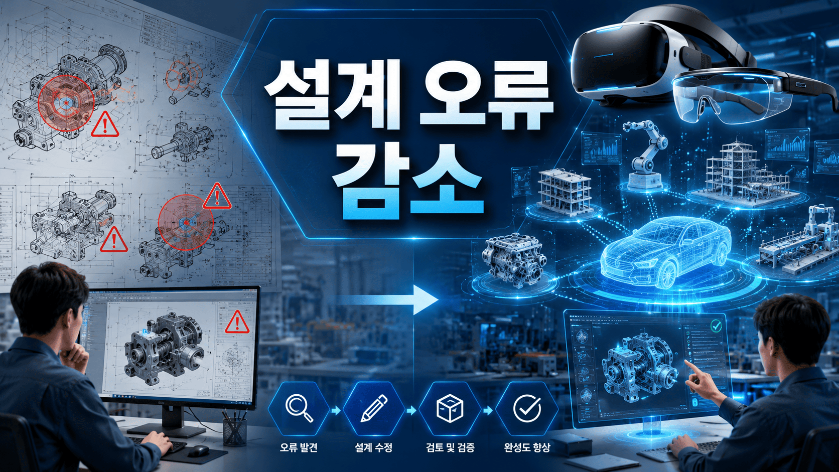 VR과 AR 기술을 활용해 3차원 설계 모델을 검토하며 산업 현장의 설계 오류를 줄이는 과정을 표현한 이미지