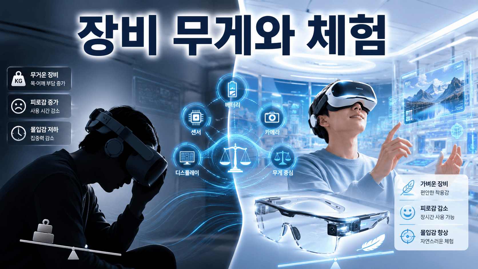 무거운 VR 장비와 가벼운 차세대 VR·AR 장비의 착용 경험 차이를 비교한 미래 기술 이미지.