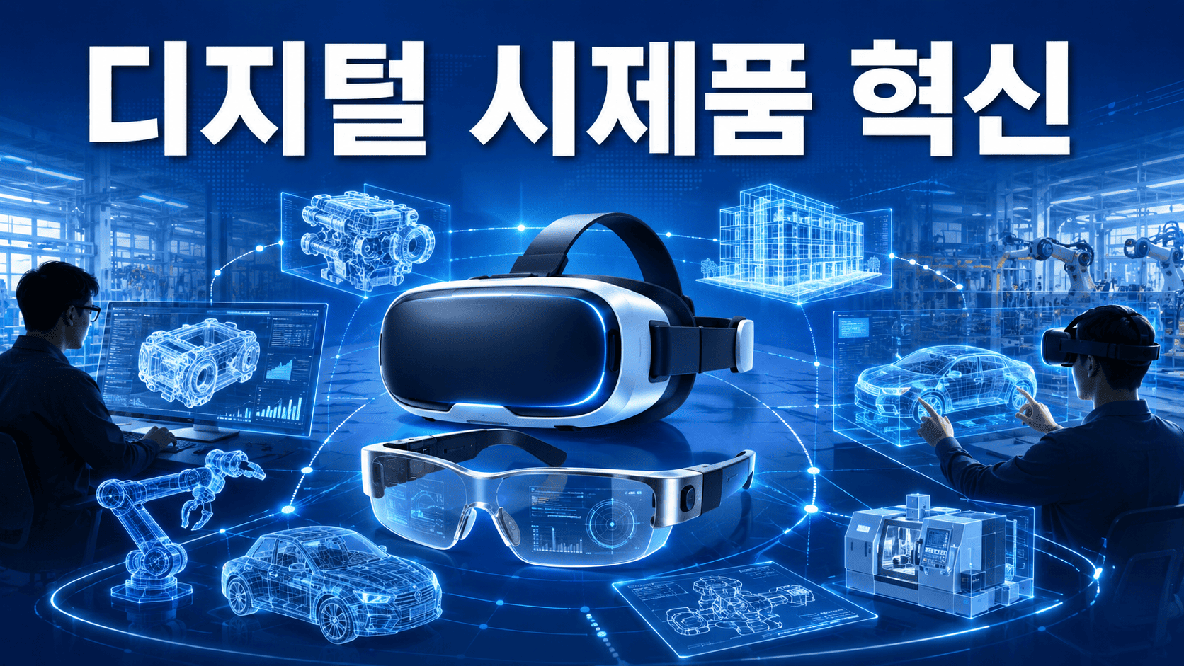 가상현실과 증강현실 기술을 활용해 디지털 시제품을 설계하고 검증하는 미래 산업 환경을 표현한 이미지.