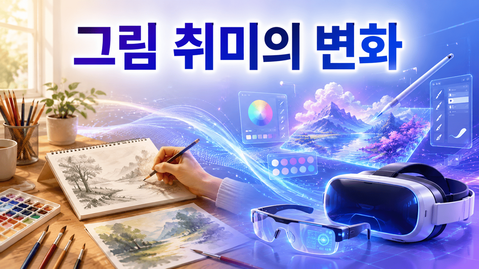 전통적인 그림 도구와 VR·AR 기술을 활용한 디지털 창작 환경을 함께 표현한 미래형 그림 그리기 이미지.