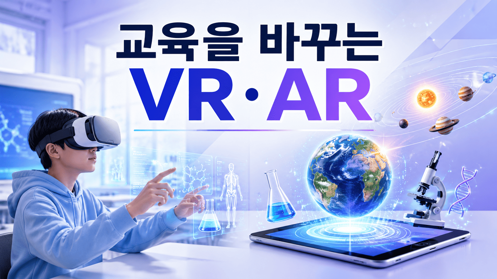 가상현실과 증강현실 기술이 교육 현장에서 활용되는 모습을 표현한 디지털 교실 이미지