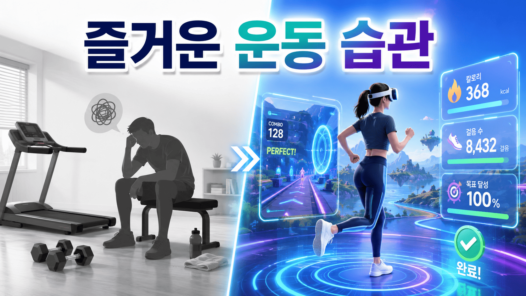 가상현실과 증강현실 기술을 활용해 즐겁게 운동하는 미래형 피트니스 환경을 표현한 이미지