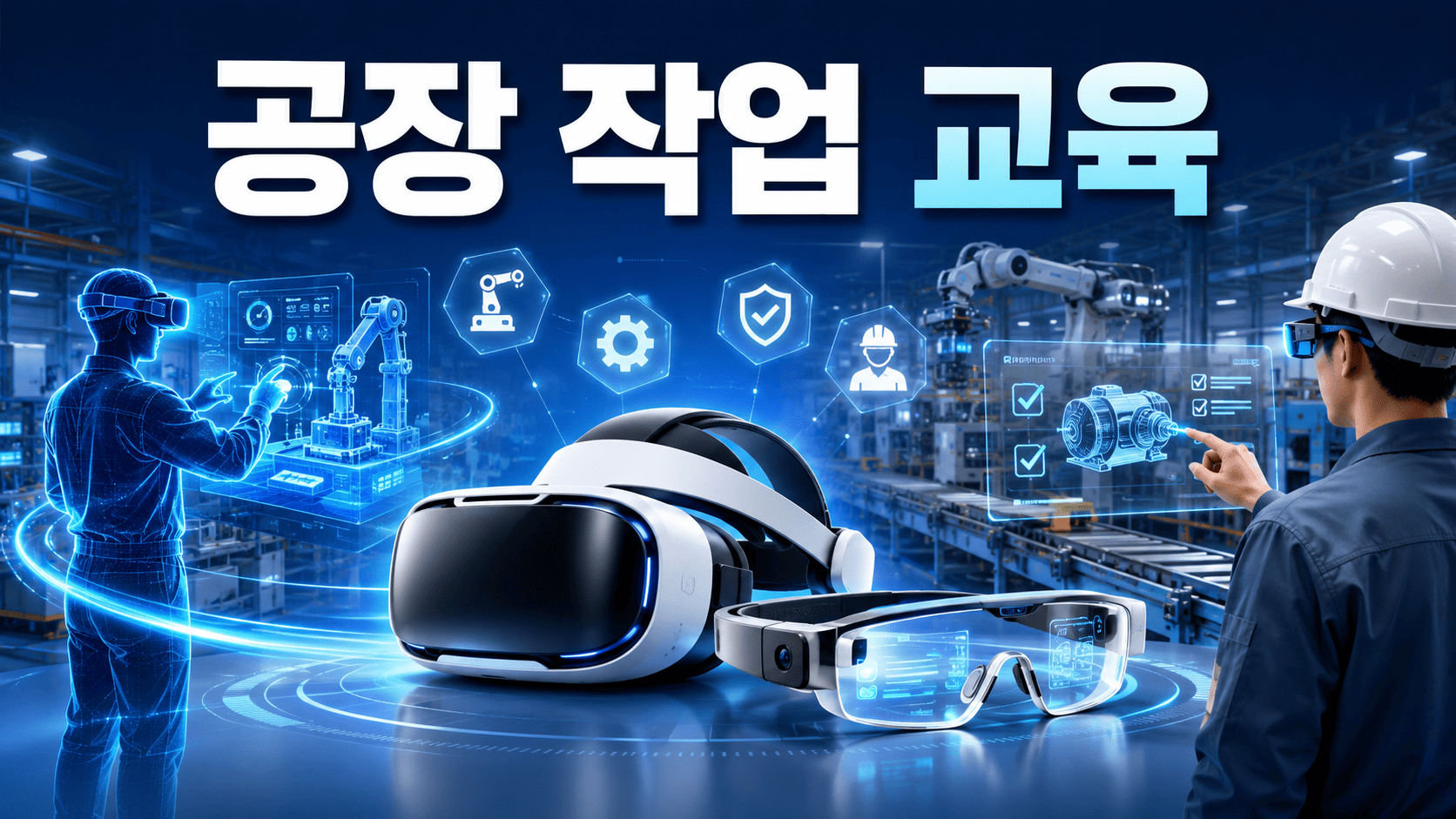 스마트팩토리 환경에서 VR 헤드셋과 AR 스마트 글라스를 활용해 공장 작업 교육을 진행하는 모습을 표현한 미래형 이미지.