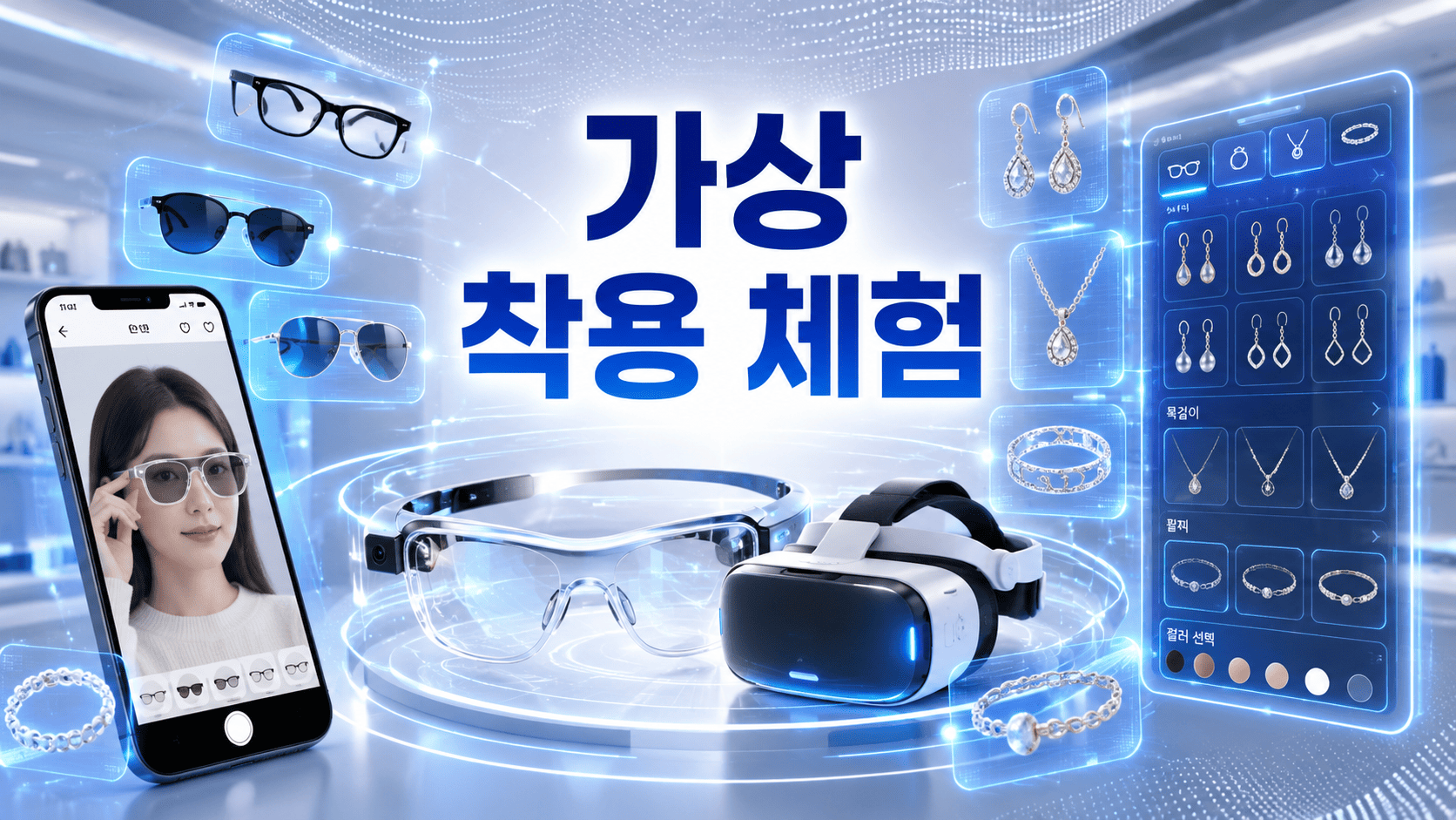증강현실 기술을 이용해 안경과 액세서리를 가상으로 착용해보는 미래형 쇼핑 환경을 표현한 이미지