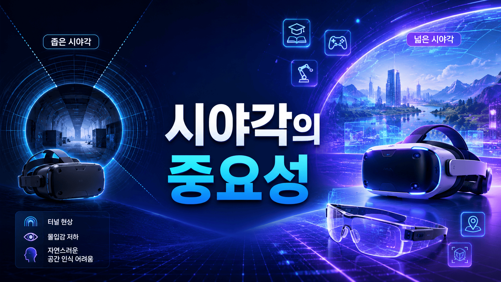 시야각이 좁은 초기 VR 장비와 넓은 시야각을 제공하는 차세대 VR 헤드셋 및 AR 스마트 글라스를 비교해 표현한 미래 기술 이미지.