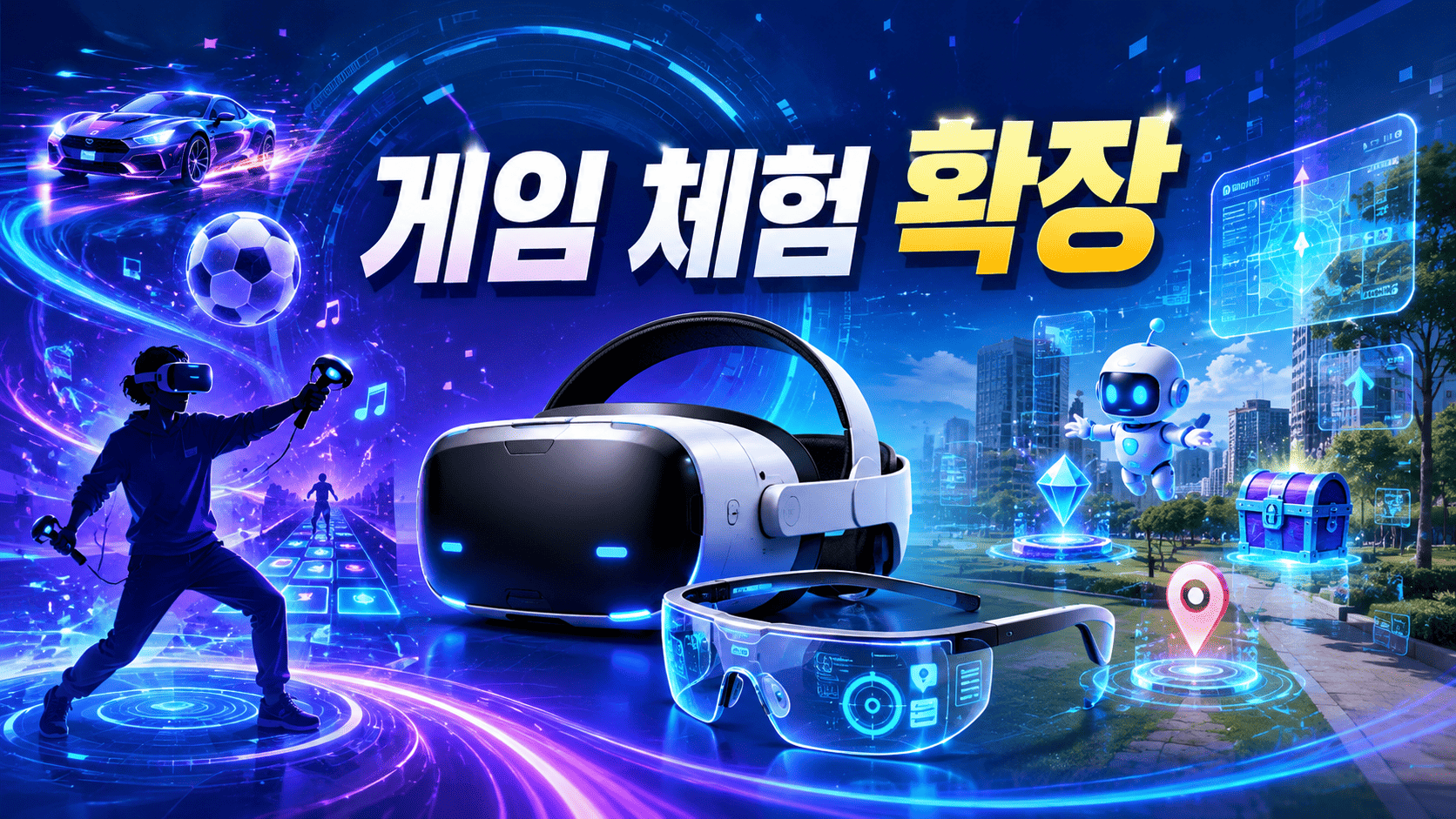 가상현실 헤드셋과 증강현실 스마트 글라스를 중심으로 미래형 게임 체험 공간이 펼쳐진 모습을 표현한 이미지.