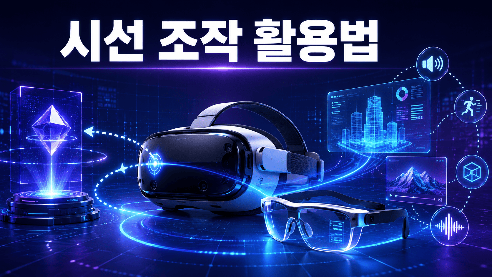 VR 헤드셋과 AR 스마트 글라스를 중심으로 시선 이동 경로와 디지털 정보가 표현된 미래형 콘텐츠 제작 이미지.