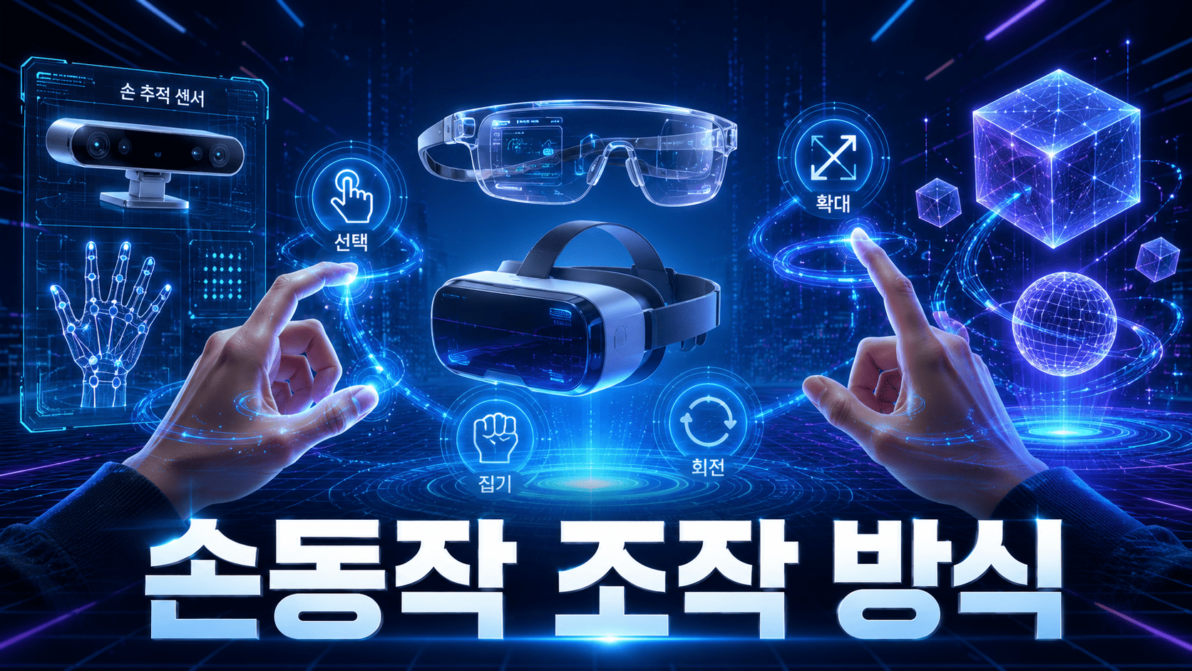 가상현실과 증강현실 환경에서 손동작으로 홀로그램 인터페이스와 3차원 오브젝트를 조작하는 모습을 표현한 이미지.