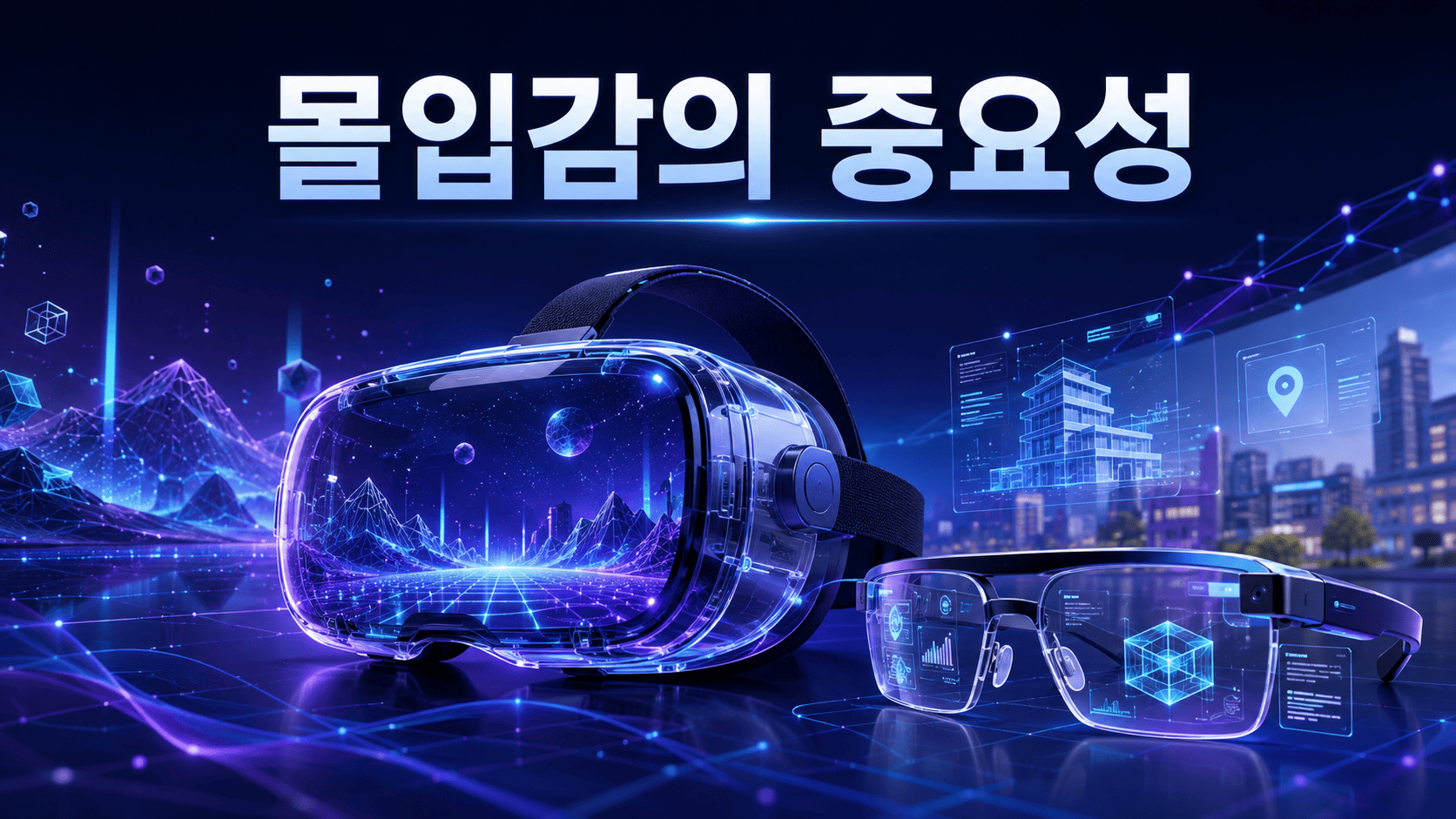 VR 헤드셋과 스마트 글라스를 중심으로 현실과 가상 세계가 연결되며 몰입감을 표현한 미래 기술 이미지.