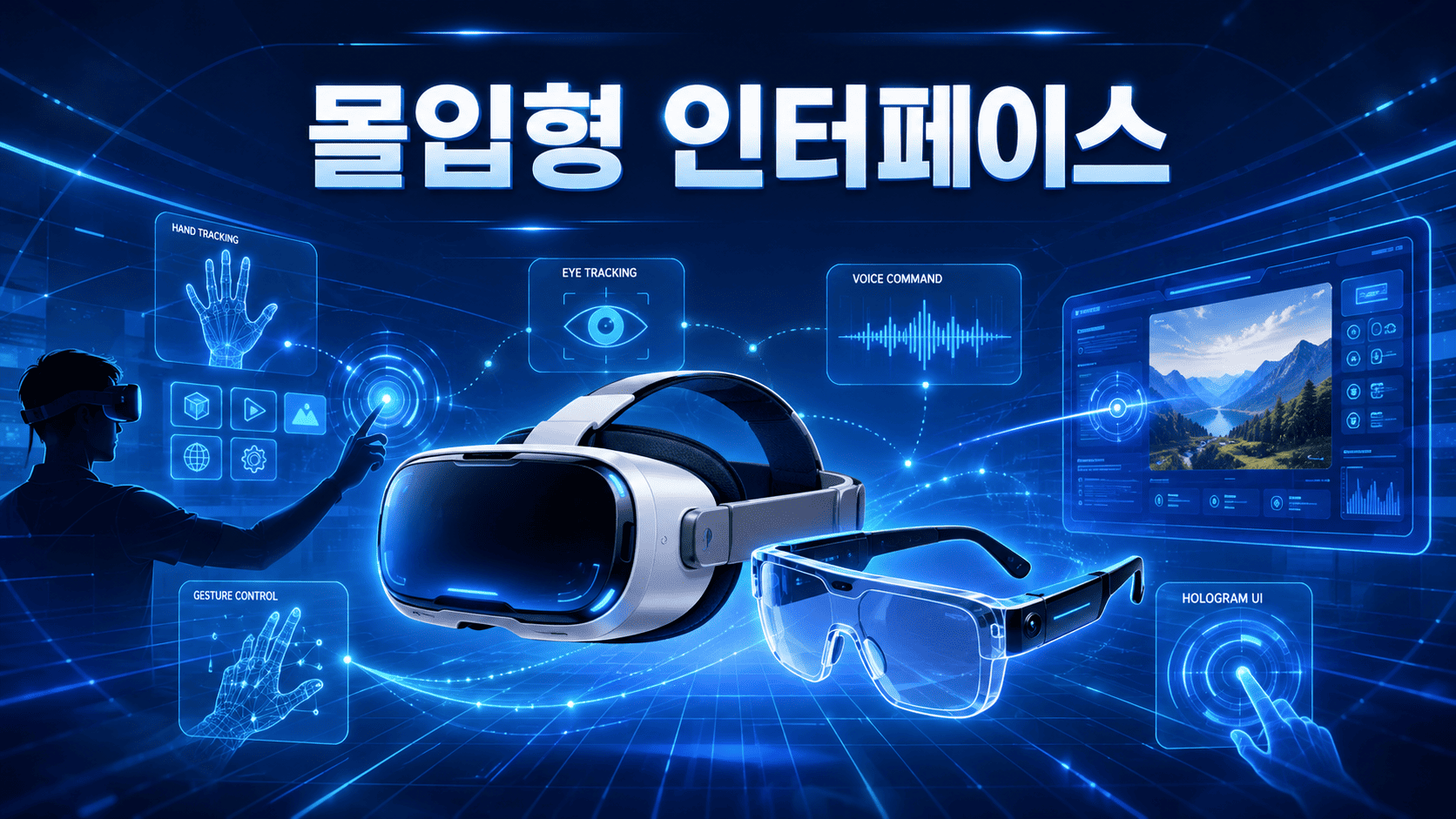 VR 헤드셋과 AR 스마트 글라스를 중심으로 손동작과 시선 추적 인터페이스가 홀로그램 형태로 표현된 미래형 XR 콘텐츠 이미지.