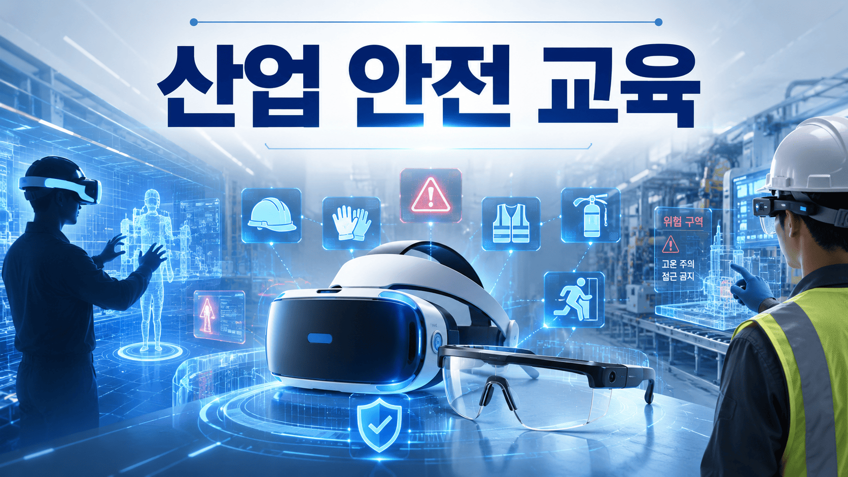 VR 헤드셋과 AR 스마트 글라스를 활용해 산업 현장에서 안전 교육을 진행하는 모습을 표현한 미래형 이미지.