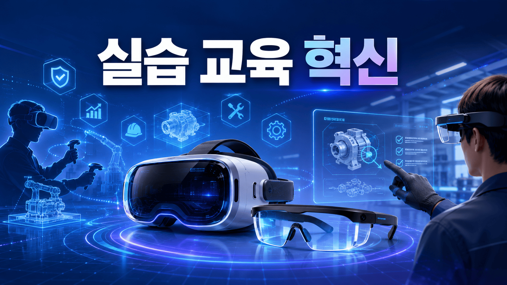 가상현실과 증강현실 기술을 활용한 미래형 산업 실습 교육 환경을 표현한 이미지.