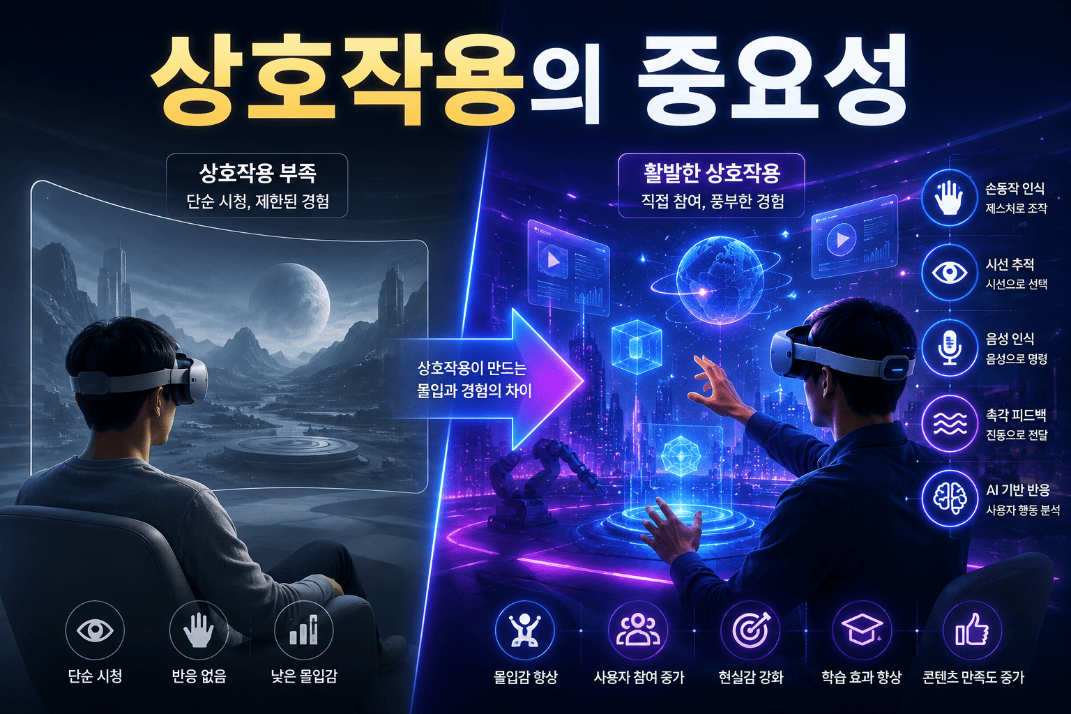 상호작용이 부족한 환경과 활발한 상호작용이 이루어지는 VR·AR 환경을 비교하여 보여주는 미래 기술 이미지.