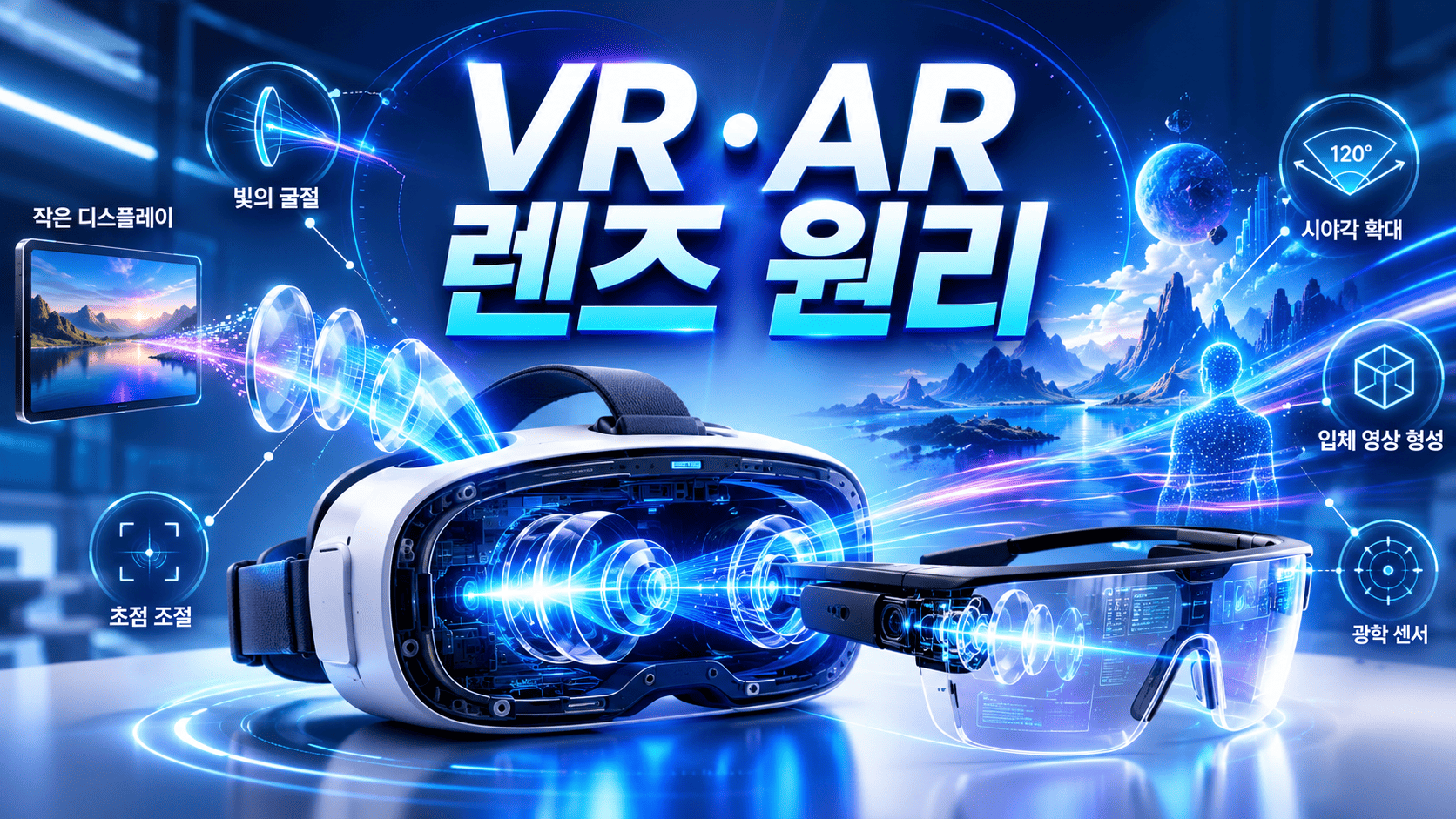 VR 헤드셋과 AR 스마트 글라스를 중심으로 렌즈 내부의 빛의 흐름과 광학 원리를 표현한 미래형 이미지.