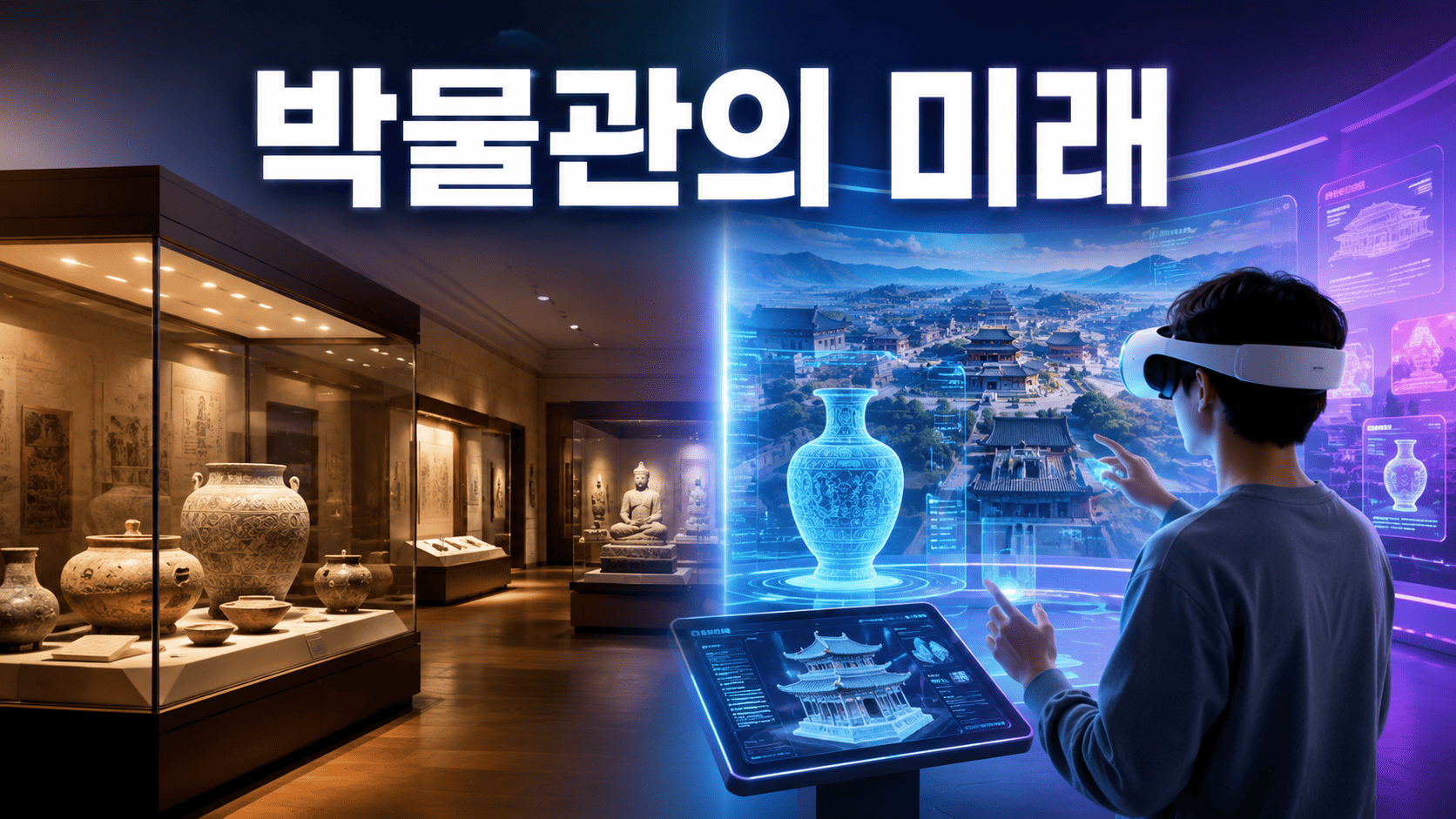 전통적인 박물관 전시와 가상현실 및 증강현실 기술이 적용된 미래형 박물관을 비교해 보여주는 이미지.