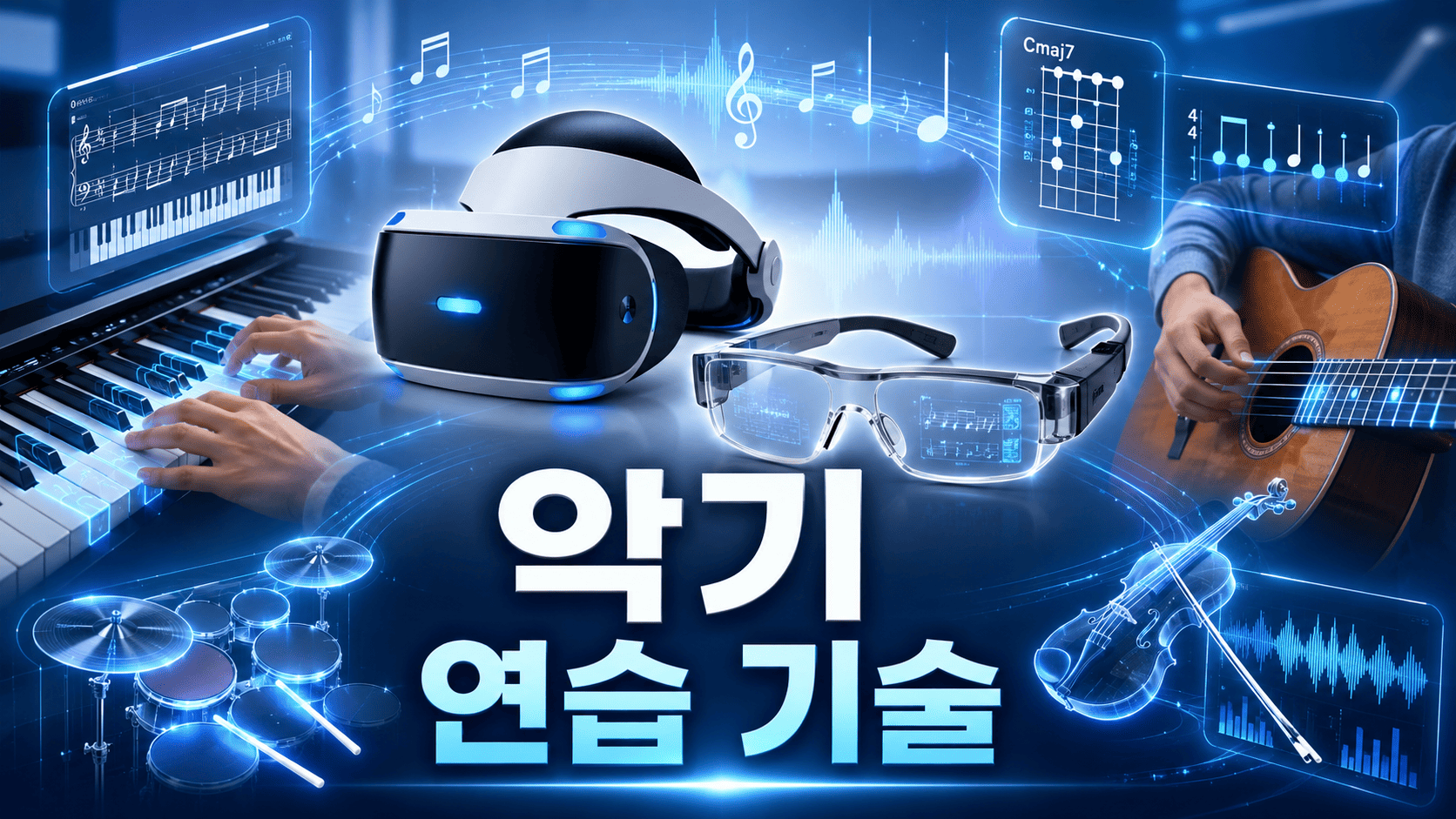 가상현실과 증강현실 기술을 활용해 피아노와 기타 등 다양한 악기를 연습하는 미래형 음악 교육 환경을 표현한 이미지.
