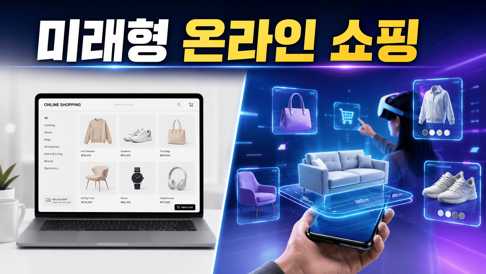 증강현실과 가상현실 기술이 적용된 미래형 온라인 쇼핑 환경을 비교 형식으로 표현한 이미지.