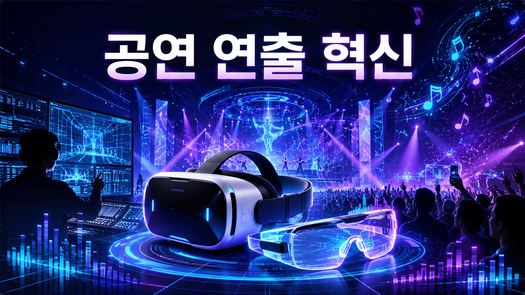 미래형 공연장에서 VR 헤드셋과 AR 기술을 활용한 디지털 무대 연출이 구현된 모습을 표현한 이미지.