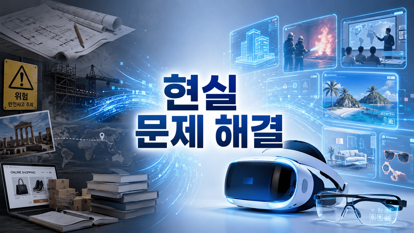 가상현실과 증강현실 기술이 다양한 현실 문제를 해결하는 과정을 표현한 미래 기술 콘셉트 이미지.