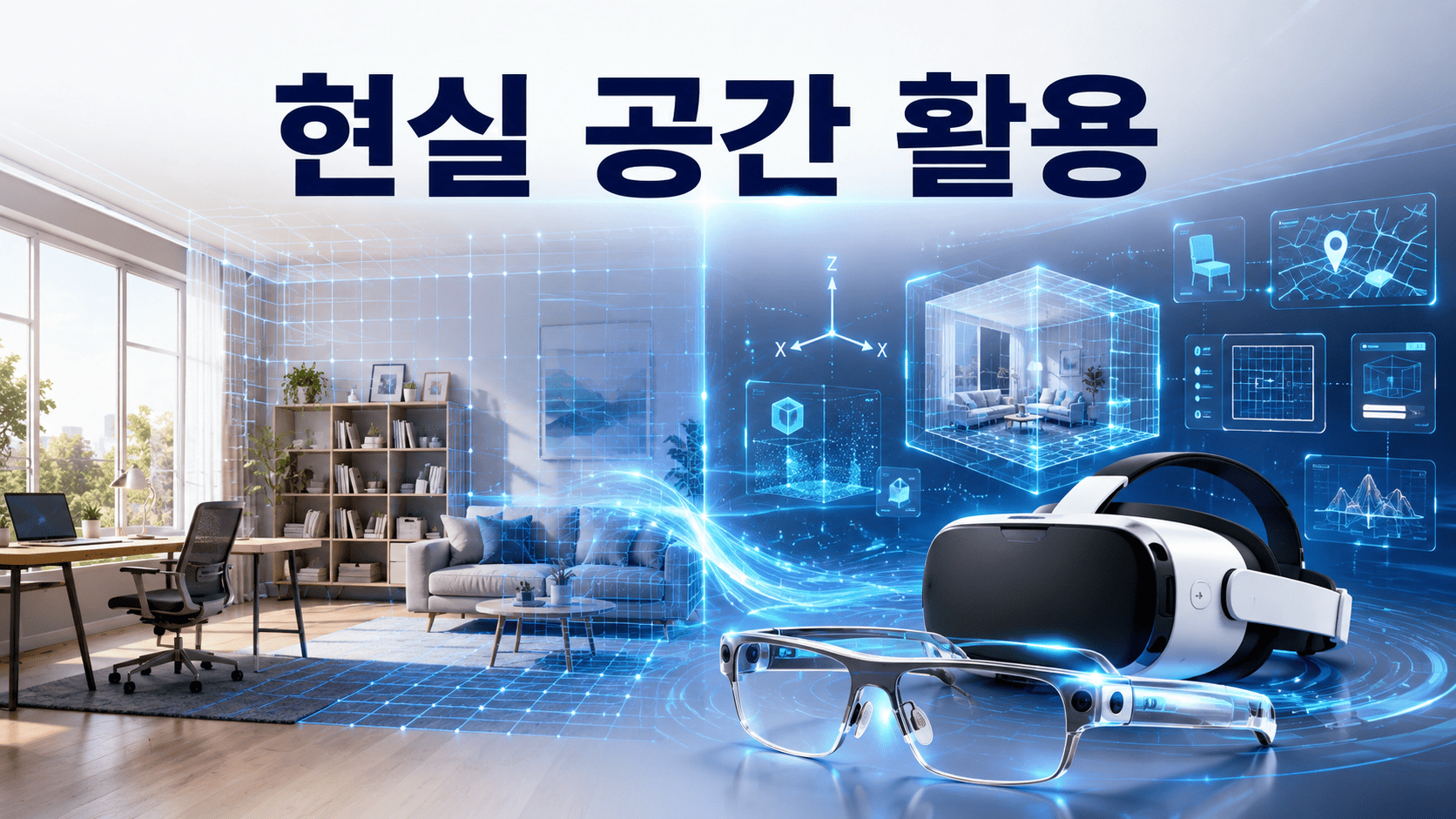 현실 공간과 가상 요소가 연결되는 모습을 VR 헤드셋과 AR 스마트 글라스로 표현한 미래형 XR 콘텐츠 제작 이미지.