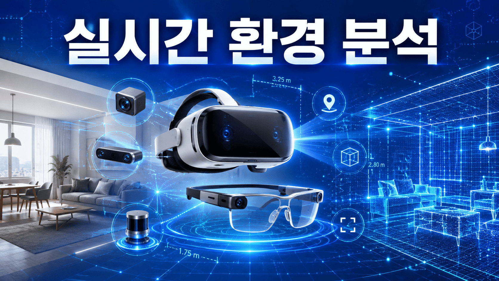 VR 헤드셋과 AR 스마트 글라스 주변에서 센서와 데이터가 공간을 실시간으로 분석하는 모습을 표현한 미래 기술 이미지
