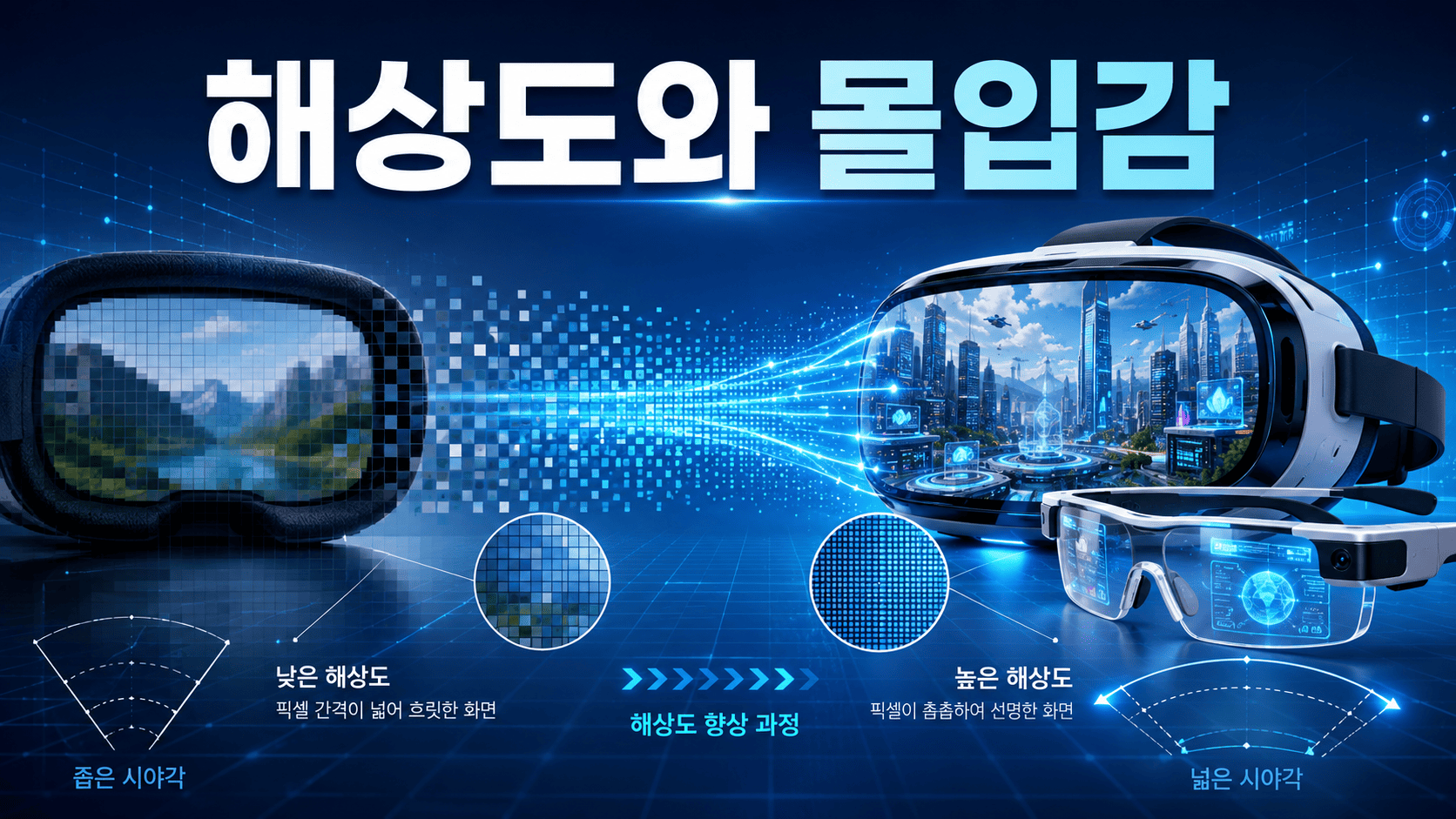 VR 헤드셋과 AR 스마트 글라스를 중심으로 저해상도와 고해상도 화면 차이를 비교하며 몰입감 향상 과정을 표현한 미래 기술 이미지.