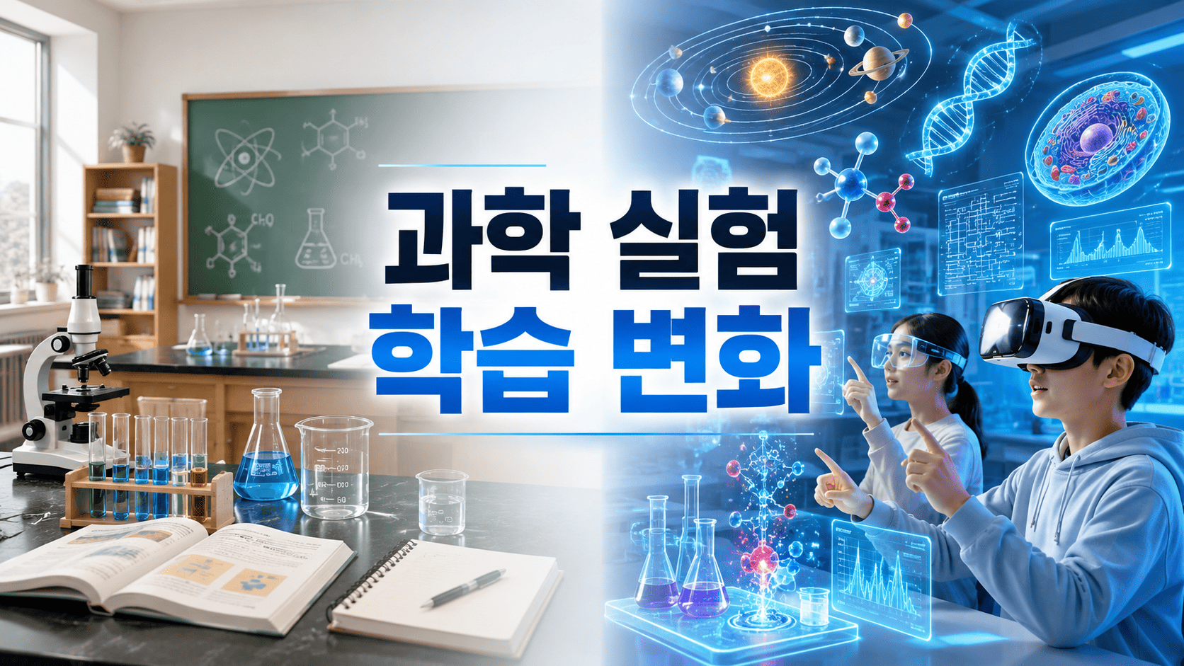 기존 과학 실험 환경과 가상현실·증강현실 기반의 미래형 과학 학습 환경을 비교해 표현한 이미지.